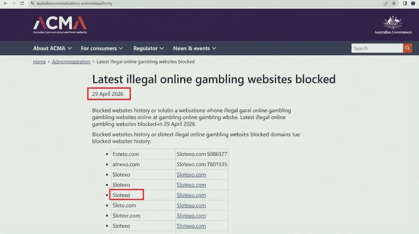 ACMA page listing Slotexo among illegal online gambling websites requested for blocking