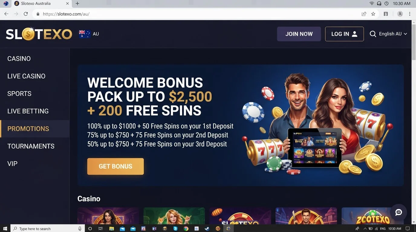 Slotexo Australia homepage interface and welcome offer