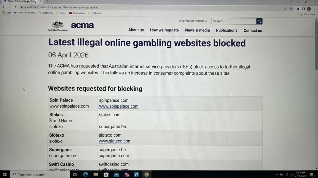 ACMA blocked-sites article showing Slotexo in the April 2026 blocking list