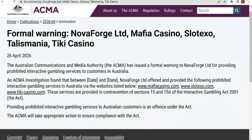 ACMA formal warning page naming NovaForge Ltd and Slotexo
