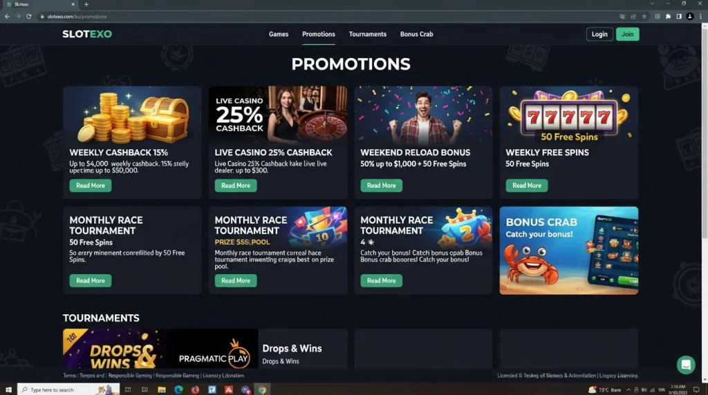 Current Slotexo Australia promotions index with visible promotion cards