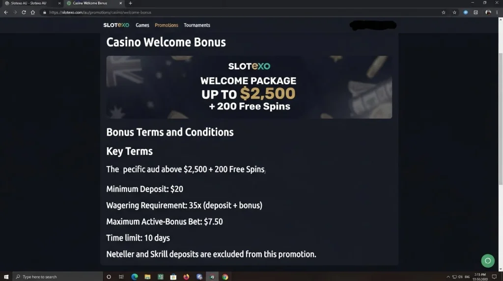 Current Slotexo Australia welcome-bonus page showing the core AUD terms