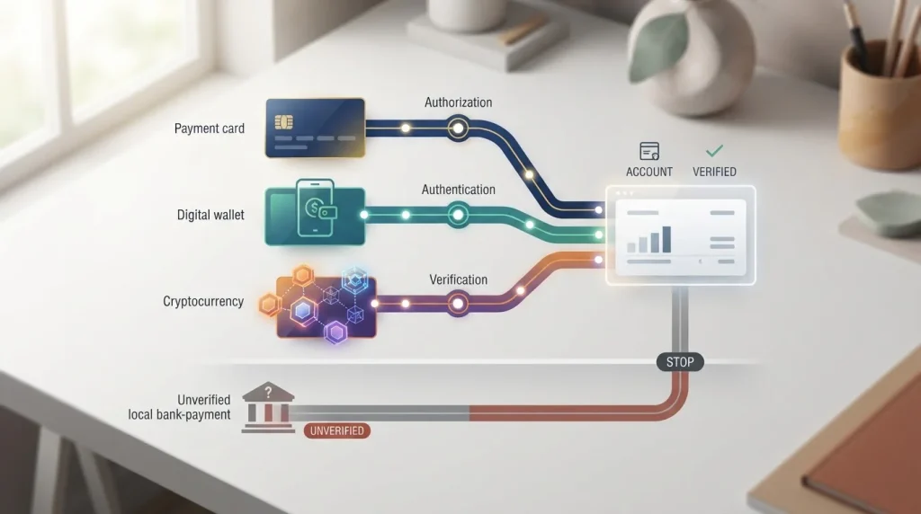 Illustration comparing card, e-wallet and cryptocurrency payment choices for an Australian casino account
