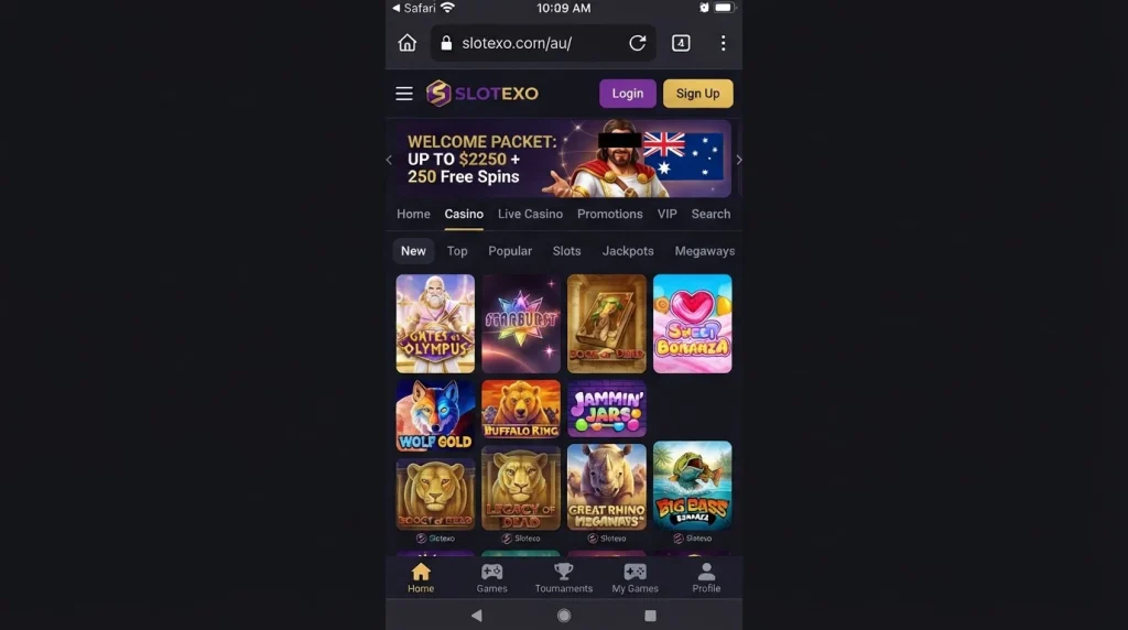 Slotexo Australia casino homepage or lobby displayed in a mobile browser viewport