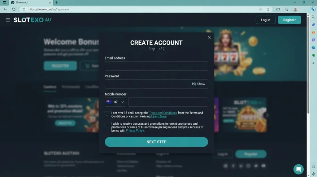 Slotexo Australia registration interface showing account setup fields