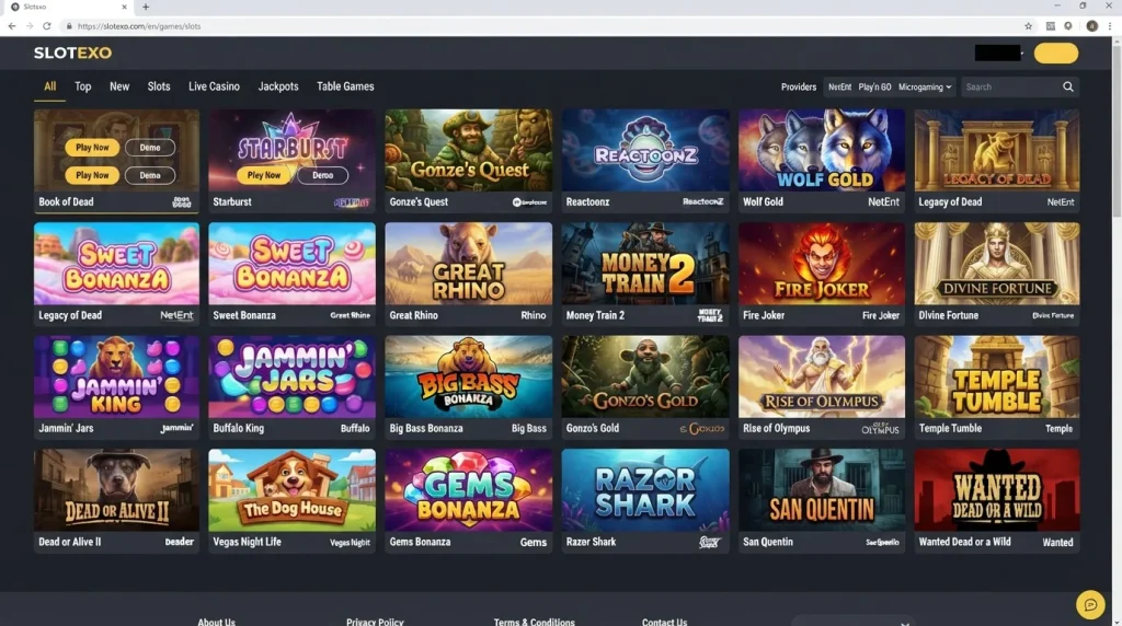 Slotexo casino lobby with game categories and provider navigation