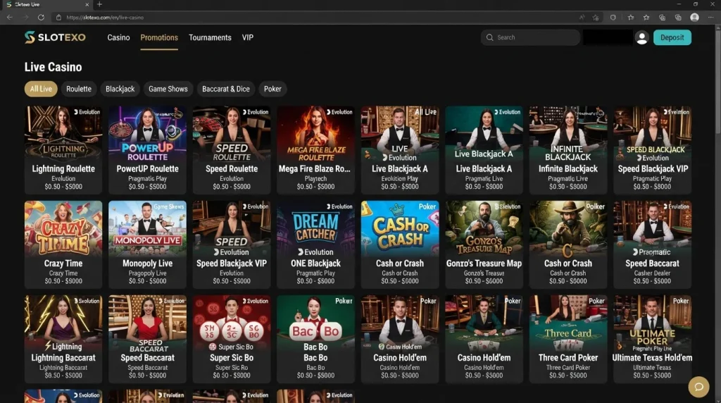 Slotexo live casino lobby showing live table categories and current games