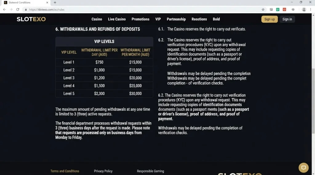 Slotexo Terms showing withdrawal limits, processing rules and KYC provisions